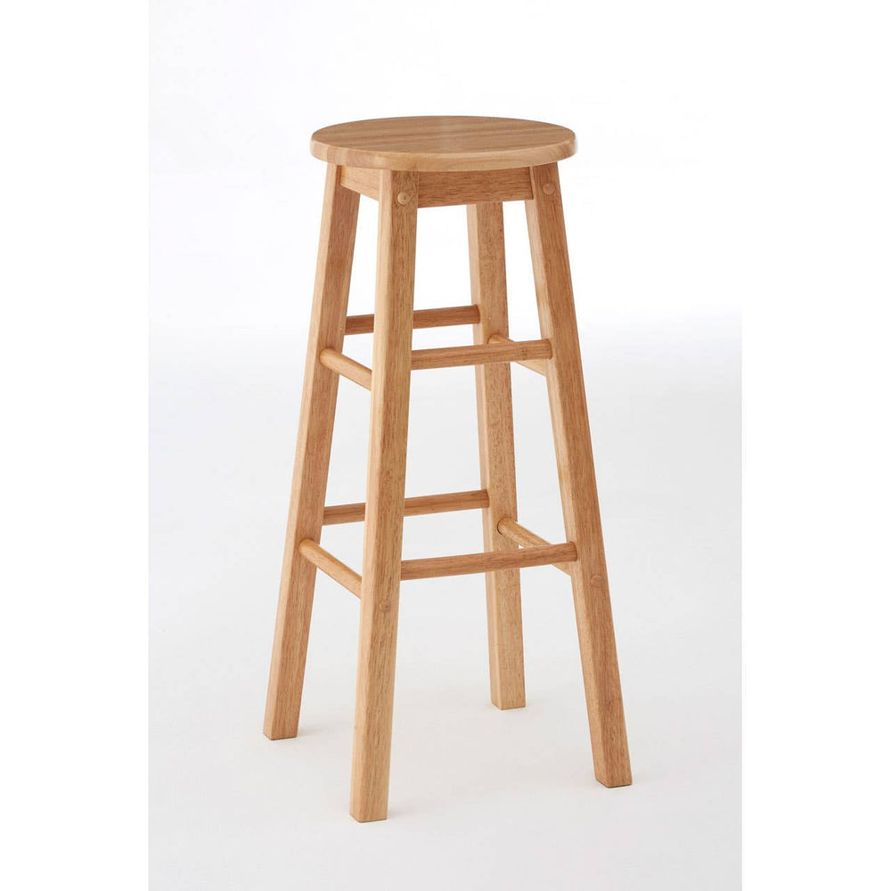 Tall bar stool made from natural tropical Hevea wood, featuring a round seat and four sturdy legs with a crossbar for added support. The wood has a light, natural finish that highlights its grain