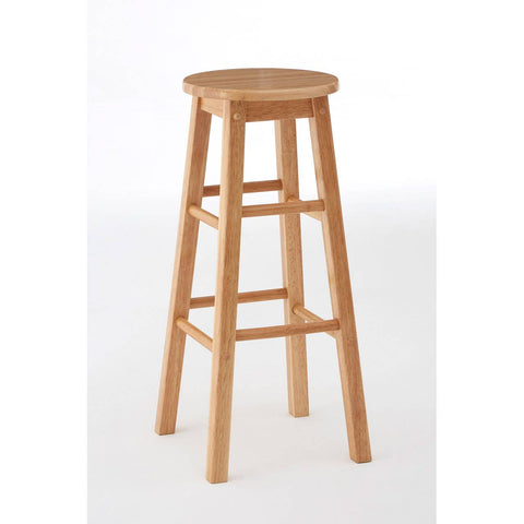 Tall bar stool made from natural tropical Hevea wood, featuring a round seat and four sturdy legs with a crossbar for added support. The wood has a light, natural finish that highlights its grain
