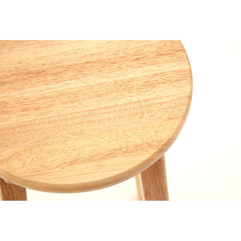 Round, natural wood bar stool top made from tropical Hevea wood, showcasing a smooth, light-colored finish with subtle grain patterns. The stool features sturdy wooden legs that provide stability and support