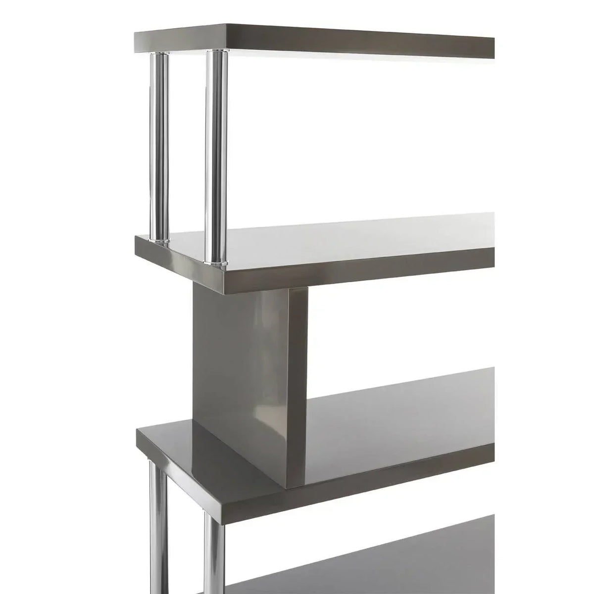 Modern grey shelving unit with chrome supports, open side view