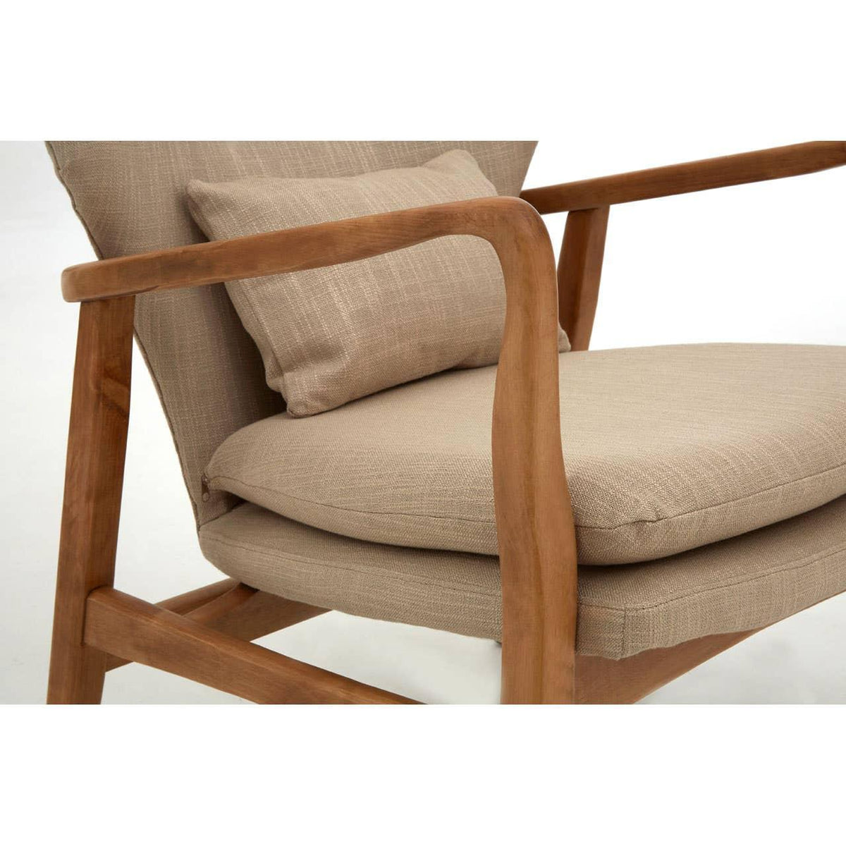 Beige fabric accent chair with wooden arms and matching cushion, side angle view