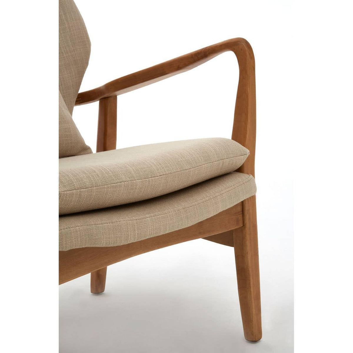 Beige fabric armchair with wooden frame and cushioned seat, side angle view