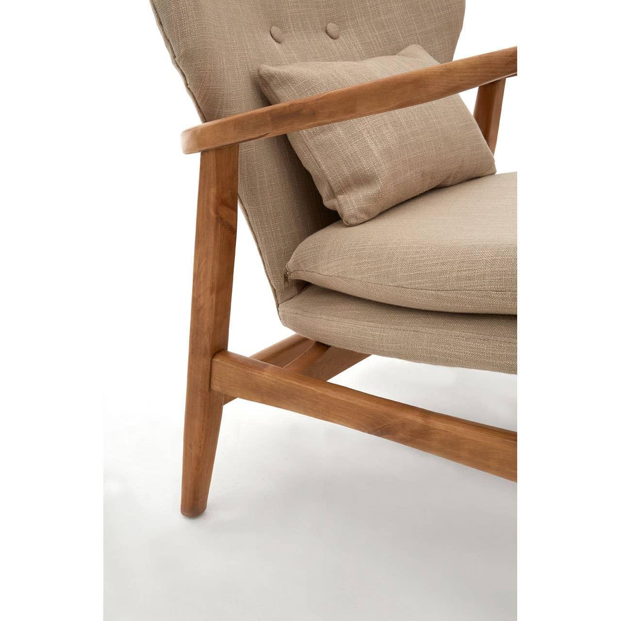 Beige upholstered armchair with wooden frame, buttoned backrest and matching cushion