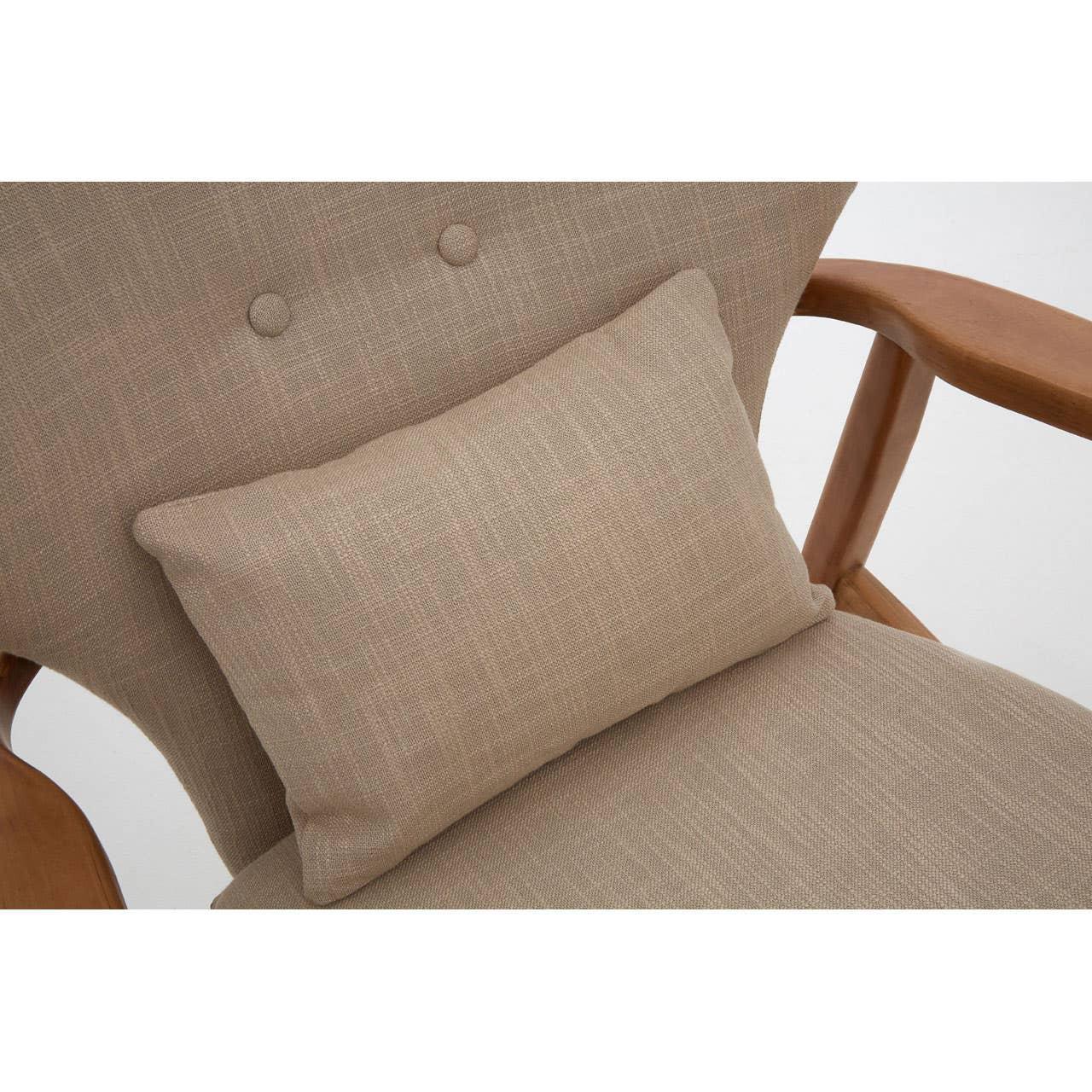 Beige fabric armchair with wooden arms and rectangular cushion detail