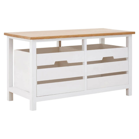 A white wooden bench with a natural wood top, featuring two spacious drawers with cut-out handles, designed for storage and organization. The bench has a simple, modern design with clean lines and sturdy legs