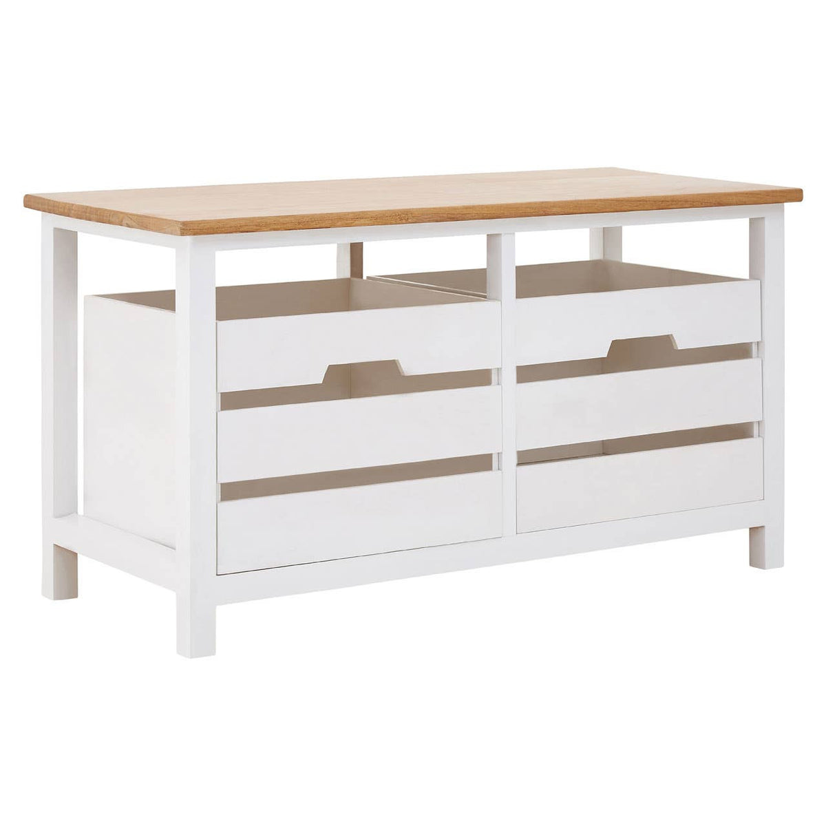 A white wooden bench with a natural wood top, featuring two spacious drawers with cut-out handles, designed for storage and organization. The bench has a simple, modern design with clean lines and sturdy legs