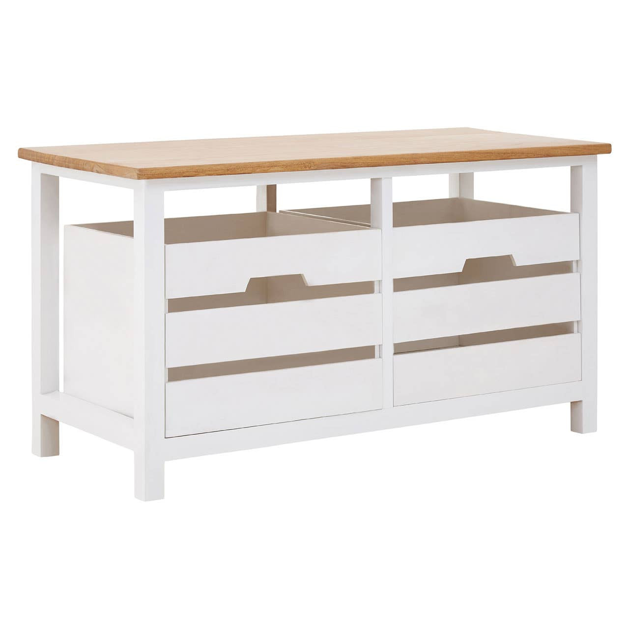 A white wooden bench with a natural wood top, featuring two spacious drawers with cut-out handles, designed for storage and organization. The bench has a simple, modern design with clean lines and sturdy legs