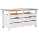 A white wooden bench with a natural wood top, featuring two spacious drawers with cut-out handles, designed for storage and organization. The bench has a simple, modern design with clean lines and sturdy legs