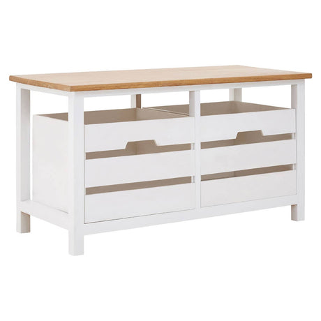 A white wooden bench with a natural wood top, featuring two spacious drawers with cut-out handles, designed for storage and organization. The bench has a simple, modern design with clean lines and sturdy legs