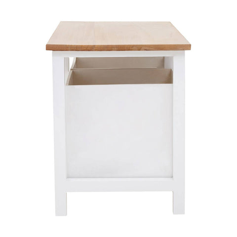 Newport 2 Drawer Bench featuring a light wood top and a white base with two drawers, showcasing a simple and modern design suitable for home decor
