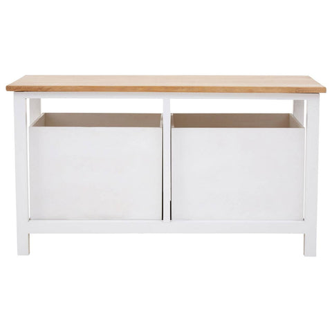 A white wooden bench with a natural wood top, featuring two drawers and an open shelf underneath. The design is simple and modern, suitable for various home decor styles