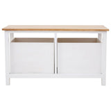 A white wooden bench with a natural wood top, featuring two drawers and an open shelf underneath. The design is simple and modern, suitable for various home decor styles