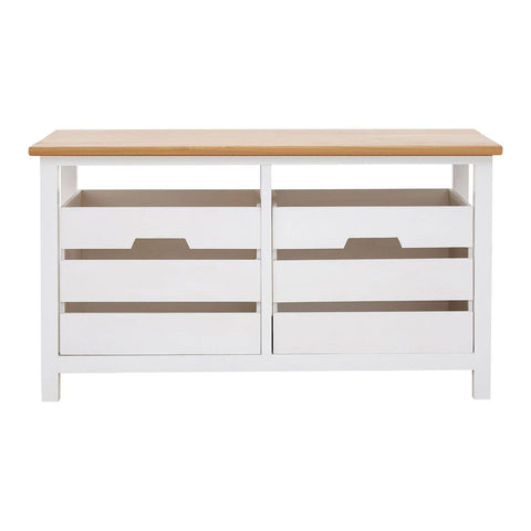 A white wooden bench with a natural wood top, featuring two drawers with cut-out handles for easy access. The bench has a simple, modern design and is supported by sturdy legs