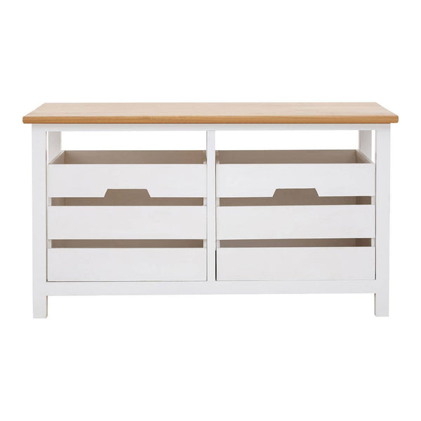 A white wooden bench with a natural wood top, featuring two drawers with cut-out handles for easy access. The bench has a simple, modern design and is supported by sturdy legs