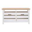 A white wooden bench with a natural wood top, featuring two drawers with cut-out handles for easy access. The bench has a simple, modern design and is supported by sturdy legs