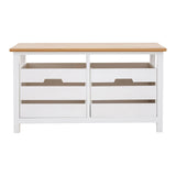 A white wooden bench with a natural wood top, featuring two drawers with cut-out handles for easy access. The bench has a simple, modern design and is supported by sturdy legs