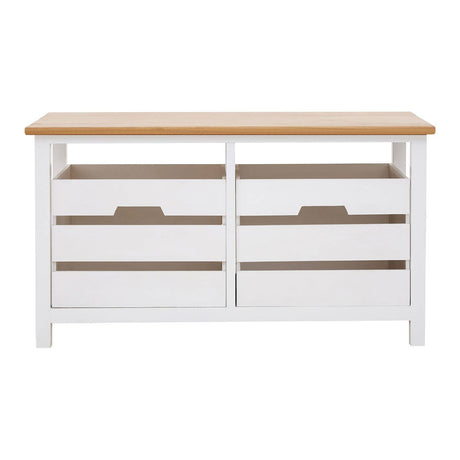A white wooden bench with a natural wood top, featuring two drawers with cut-out handles for easy access. The bench has a simple, modern design and is supported by sturdy legs