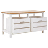 A two-drawer bench featuring a natural wood top and a white base, with two spacious drawers below. The bench has a simple, modern design with clean lines and sturdy legs