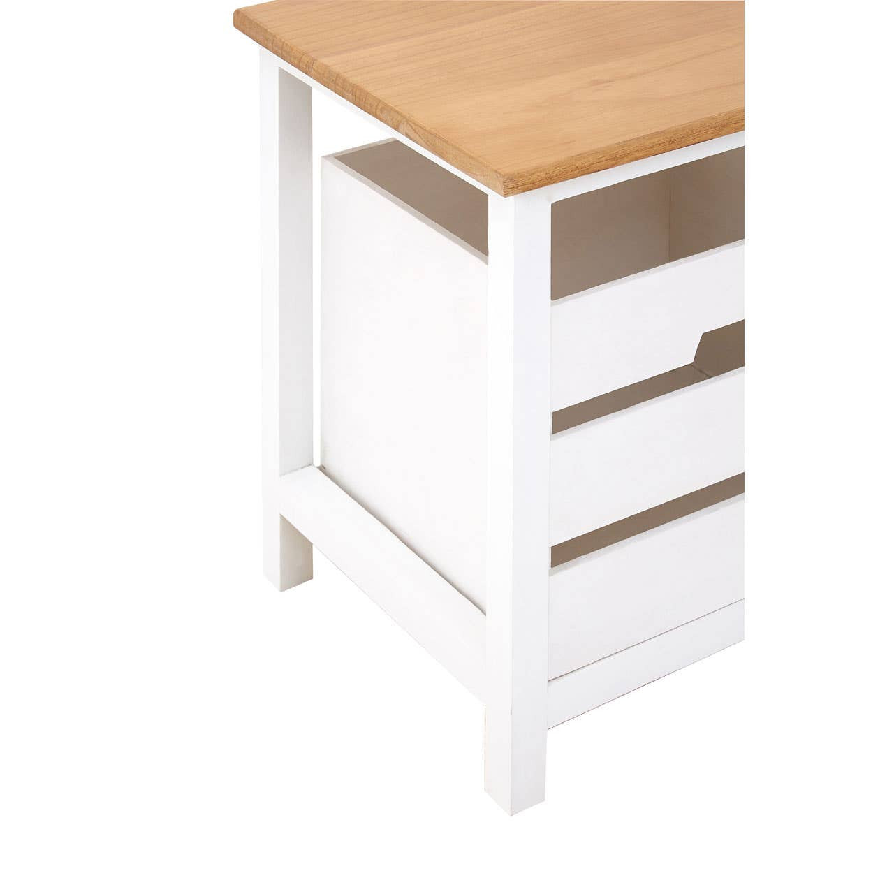A white wooden bench with a natural wood top, featuring two drawers on the front for storage. The bench has a simple, modern design with clean lines and a sturdy appearance