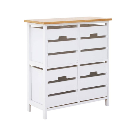 Four-drawer chest featuring a white body and a natural wood top, with sleek metal handles on each drawer. The design is modern and minimalistic, suitable for various home decor styles