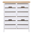 Four-drawer chest featuring a white body with a natural wood top, complemented by sleek gray handles on each drawer. The design is modern and minimalist, suitable for various home decor styles
