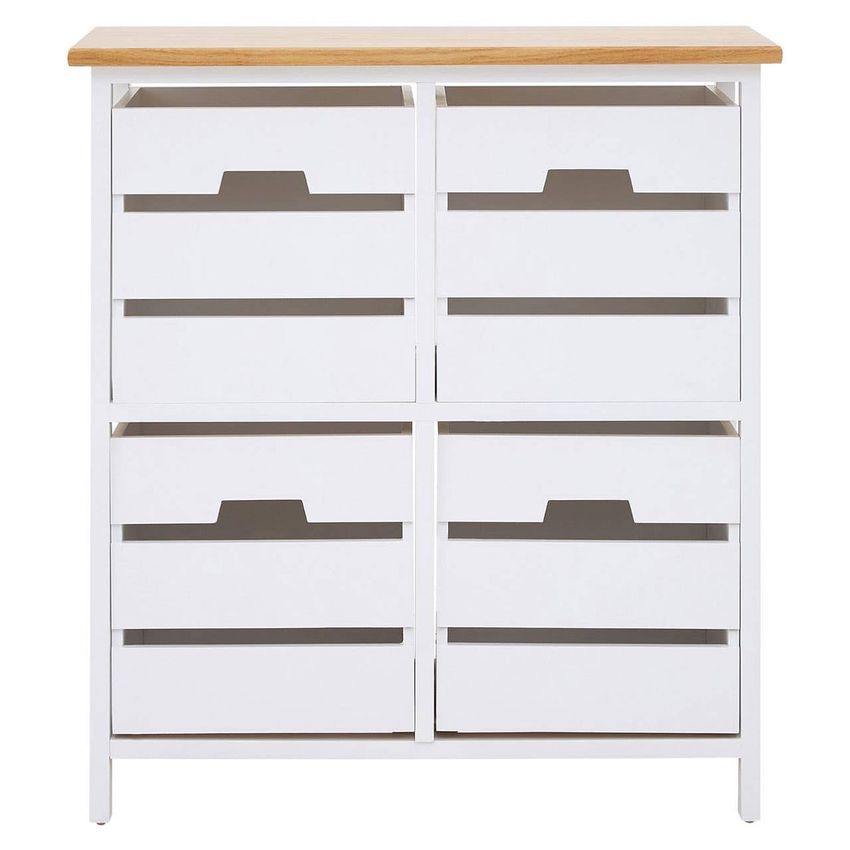 Four-drawer chest featuring a white body with a natural wood top, complemented by sleek gray handles on each drawer. The design is modern and minimalist, suitable for various home decor styles