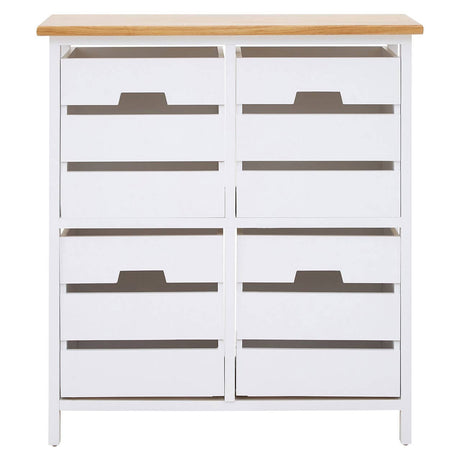 Four-drawer chest featuring a white body with a natural wood top, complemented by sleek gray handles on each drawer. The design is modern and minimalist, suitable for various home decor styles