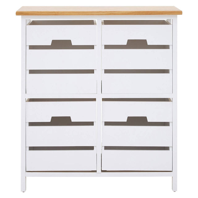 Four-drawer chest featuring a white body with a natural wood top, complemented by sleek gray handles on each drawer. The design is modern and minimalist, suitable for various home decor styles