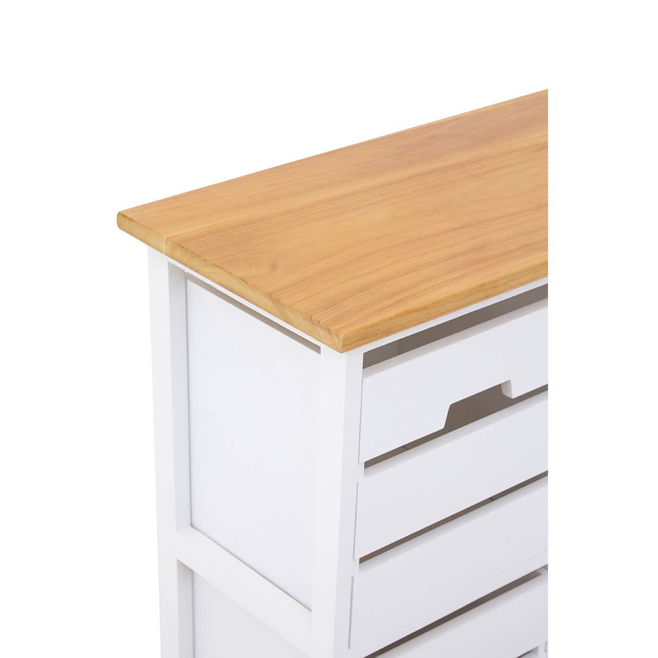 Top view of the Newport 4 Drawer Chest showcasing a light wooden surface with a smooth finish, complemented by a white body and four horizontal drawers with sleek metal handles