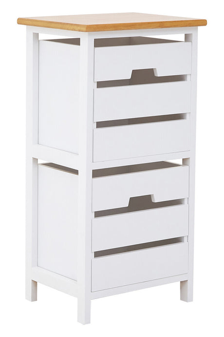 A tall, white chest of drawers with a natural wood top, featuring two spacious drawers with sleek silver handles. The chest has a modern design with clean lines and a sturdy base, suitable for home decor