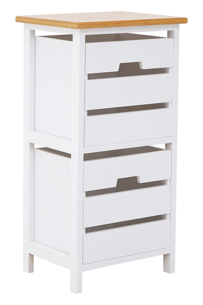 A tall, white chest of drawers with a natural wood top, featuring two spacious drawers with sleek silver handles. The chest has a modern design with clean lines and a sturdy base, suitable for home decor