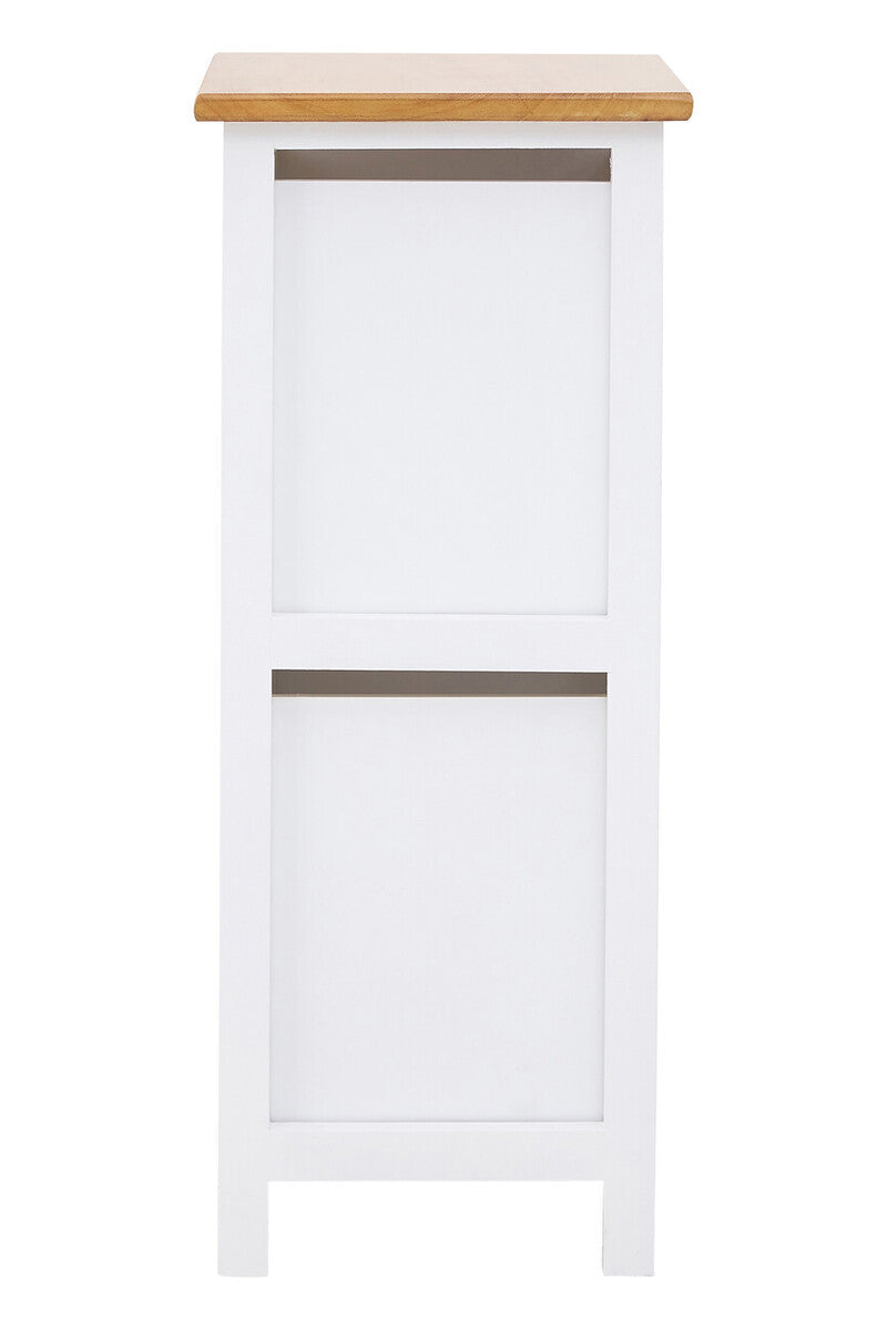 A tall, white two-drawer chest with a natural wood top, featuring two horizontal drawers with simple handles and a clean, modern design