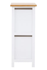 A tall, white two-drawer chest with a natural wood top, featuring two horizontal drawers with simple handles and a clean, modern design