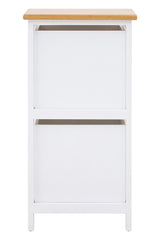 A white two-drawer chest with a natural wood top, featuring two horizontal drawer fronts and a simple, modern design. The chest has clean lines and a minimalist aesthetic, suitable for various home decor styles