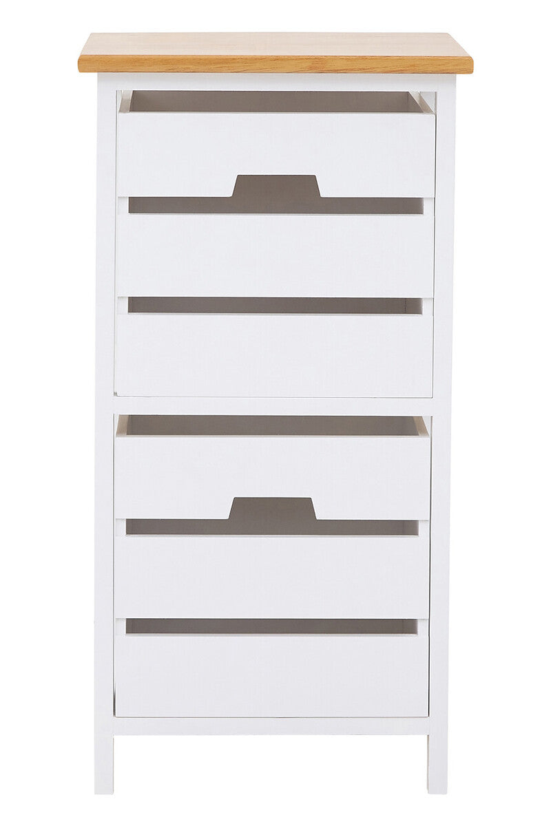 A tall, white chest of drawers featuring two spacious drawers with sleek, horizontal handles and a light wood top. The design is modern and minimalistic, suitable for various home decor styles