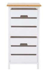 A tall, white chest of drawers featuring two spacious drawers with sleek, horizontal handles and a light wood top. The design is modern and minimalistic, suitable for various home decor styles