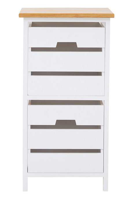 A tall, white chest of drawers featuring two spacious drawers with sleek, horizontal handles and a light wood top. The design is modern and minimalistic, suitable for various home decor styles