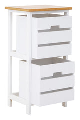 A modern two-drawer chest featuring a white body with a natural wood top. The chest has two spacious drawers with sleek silver handles, providing a clean and minimalist design suitable for various home decor styles