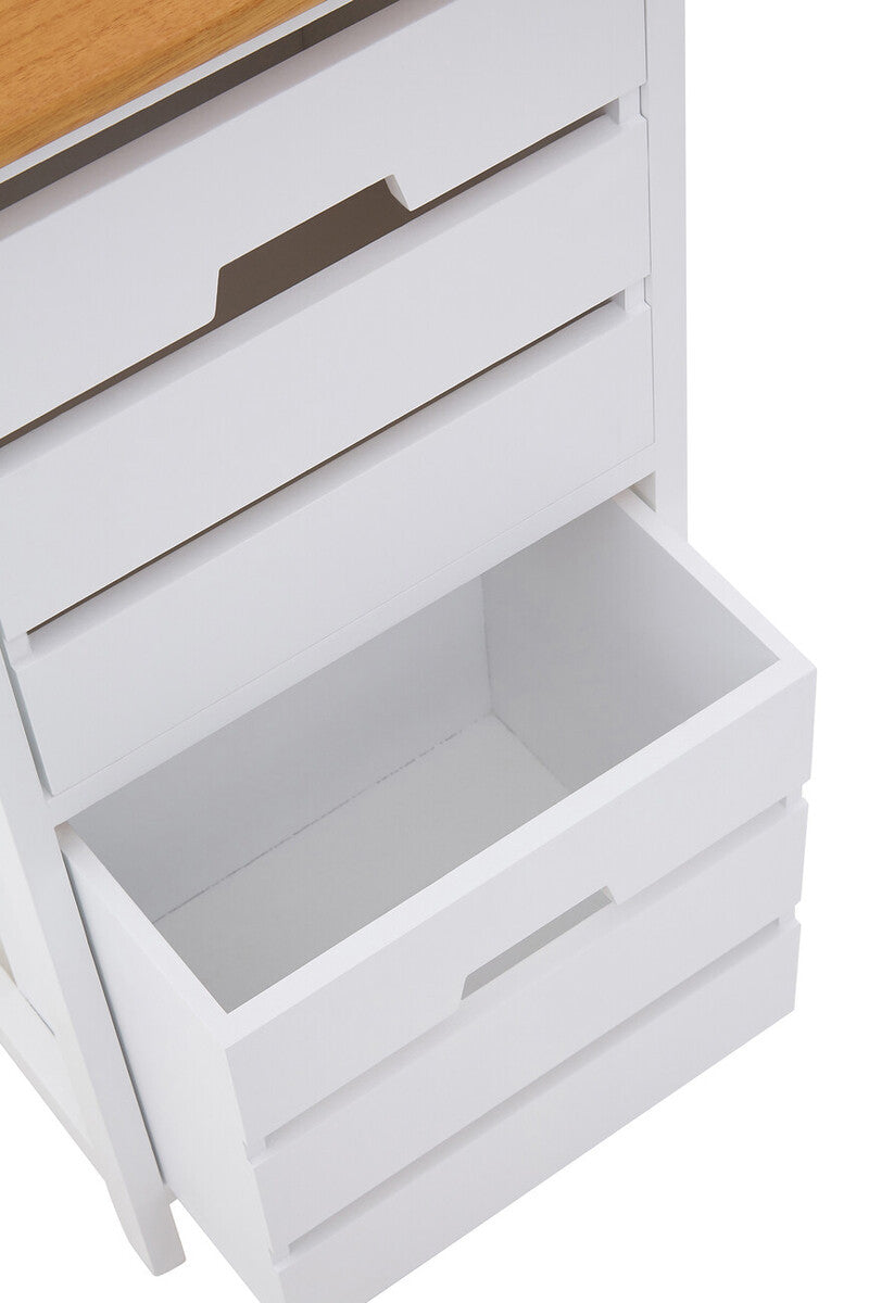 A white two-drawer chest with a light wood top, featuring one drawer partially open to reveal an empty interior, and three horizontal grooves on the front of the drawers for a modern design