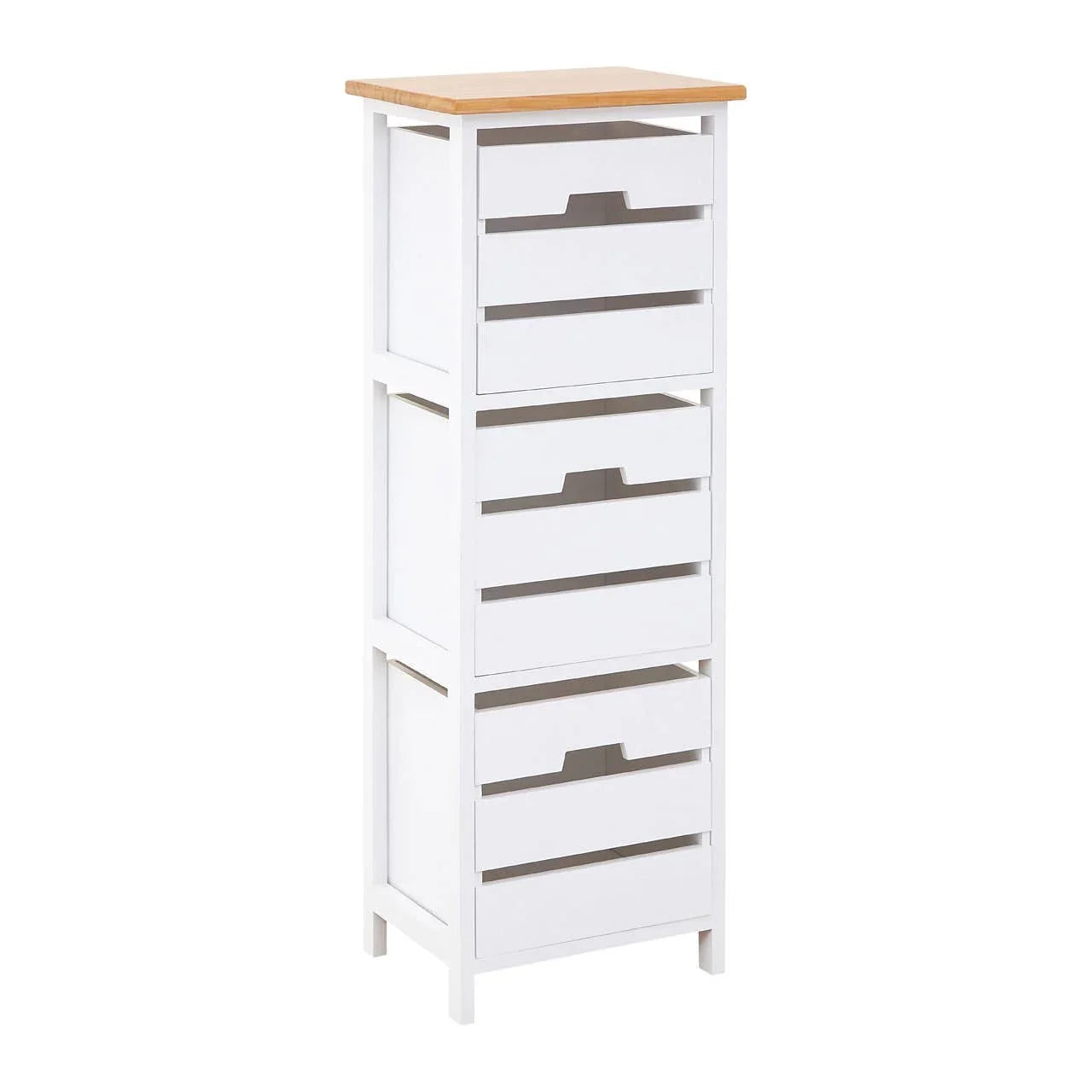 Tall white storage unit with four slatted drawers and natural wood top