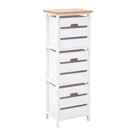Tall white storage unit with four slatted drawers and natural wood top