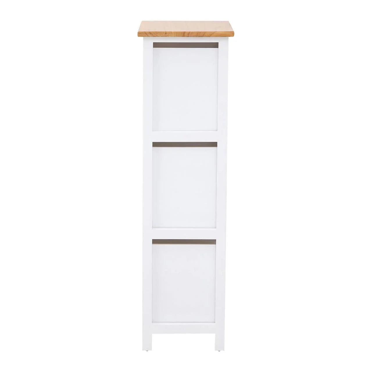 Side view of white wooden cabinet with light oak top panel