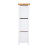 Side view of white wooden cabinet with light oak top panel
