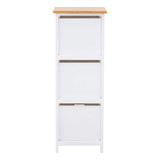 White wooden storage unit with three compartments and natural wood top