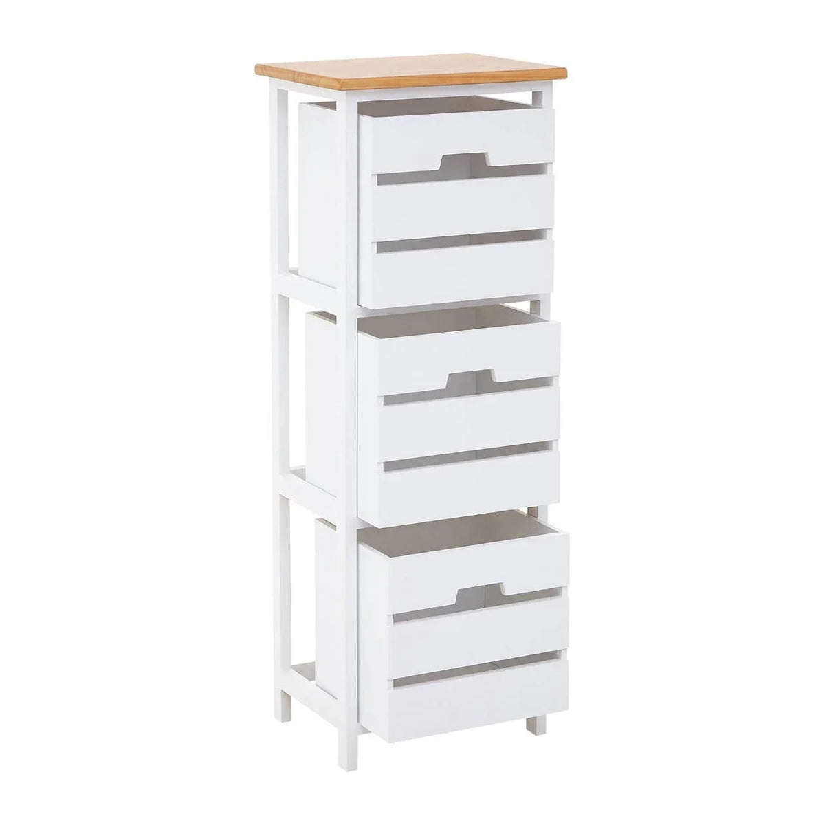 White wooden storage unit with four drawers and natural wood top, angled front view