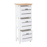 White wooden storage unit with four drawers and natural wood top, angled front view