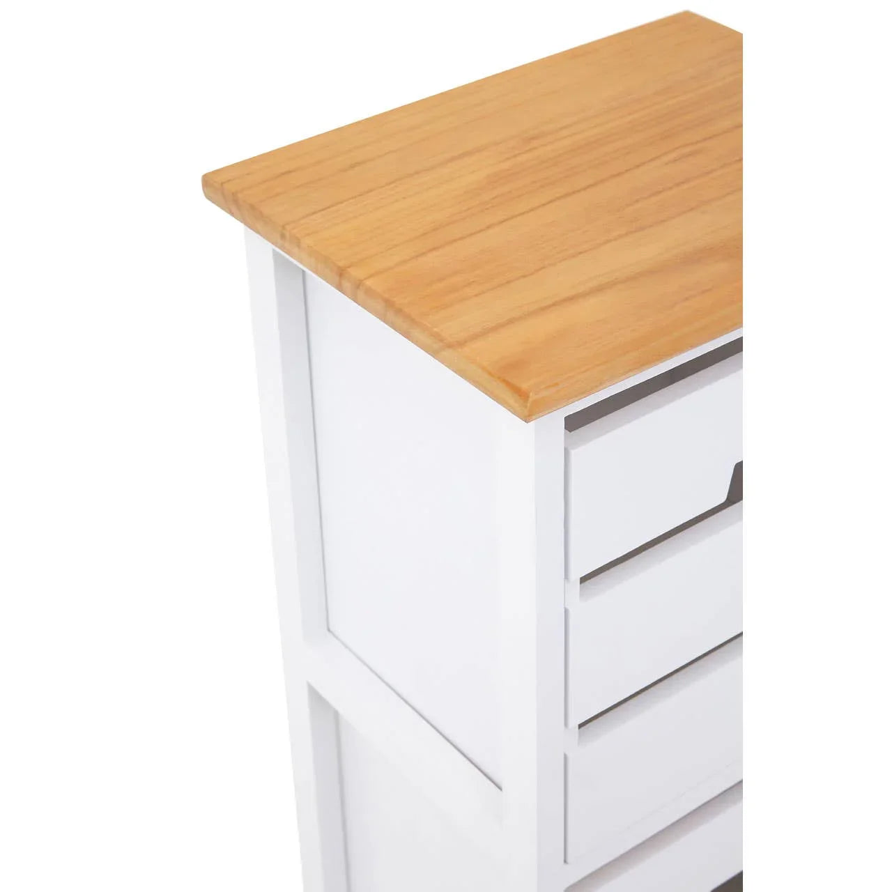 White wooden chest of drawers with natural oak top, close side angle view