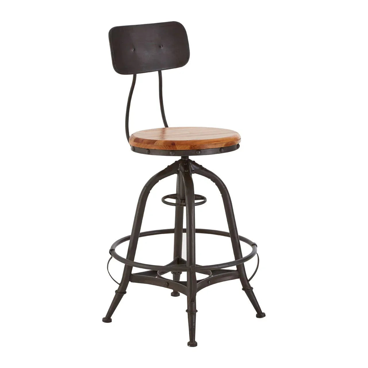 Industrial bar stool with black metal frame and round wooden seat, shown at angle