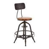 Industrial bar stool with black metal frame and round wooden seat, shown at angle