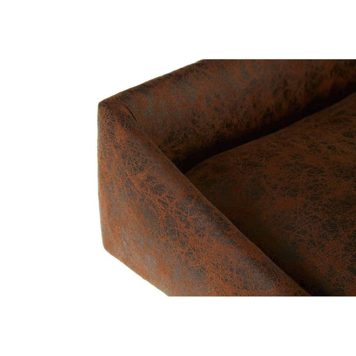 Close-up of brown faux leather sofa armrest with textured finish and soft cushion